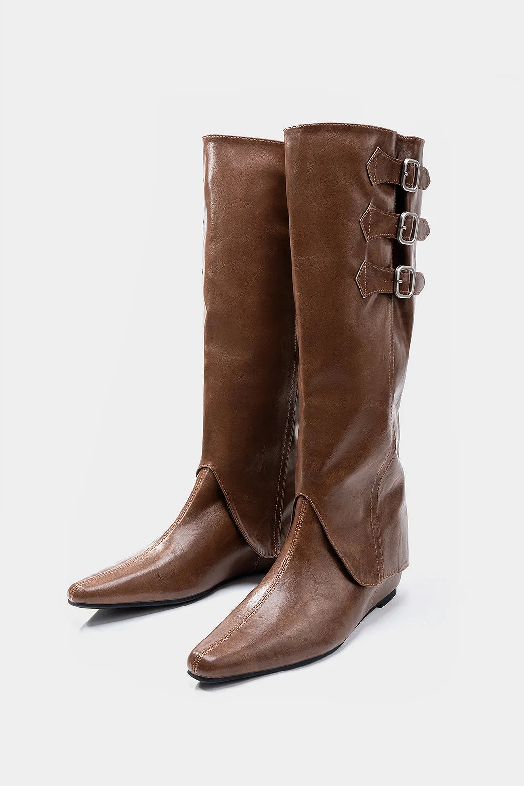 Leather Buckle Pointed Knee High Boots sold by Micas