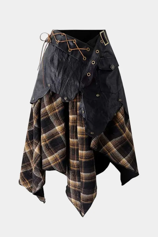 Plus Size Color Block Plaid Print Faux Leather Patchwork Tie-Up Asymmetrical Pocket Skirt sold by Micas