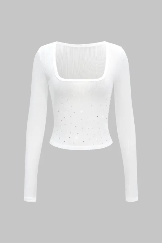 Square Neck Rhinestone Decor Long Sleeve T-Shirt sold by Micas