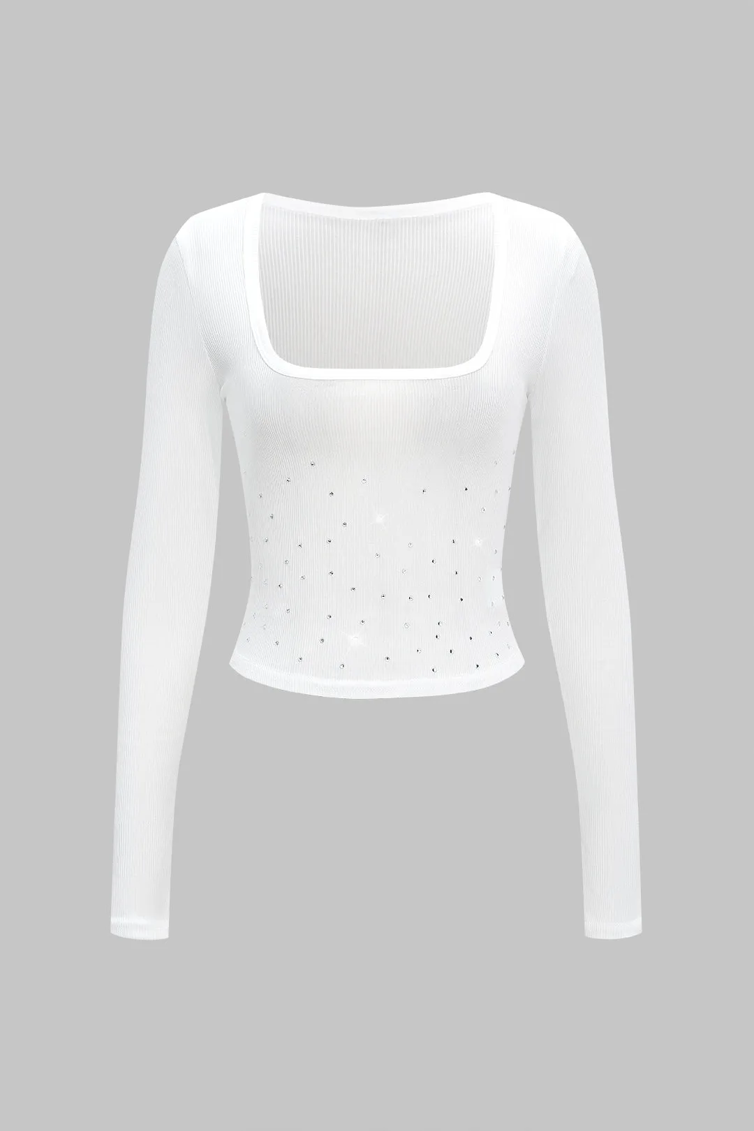 Square Neck Rhinestone Decor Long Sleeve T-Shirt sold by Micas