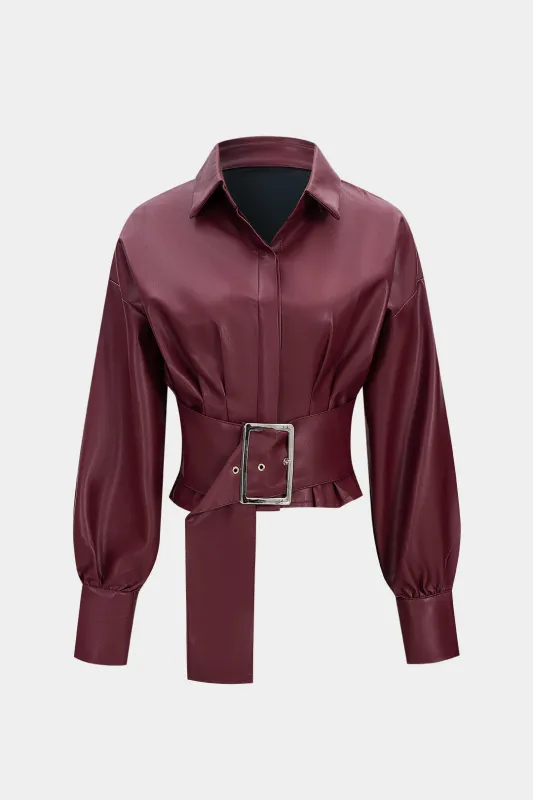 Faux Leather Pleated Belted Long-Sleeve Shirt sold by Micas