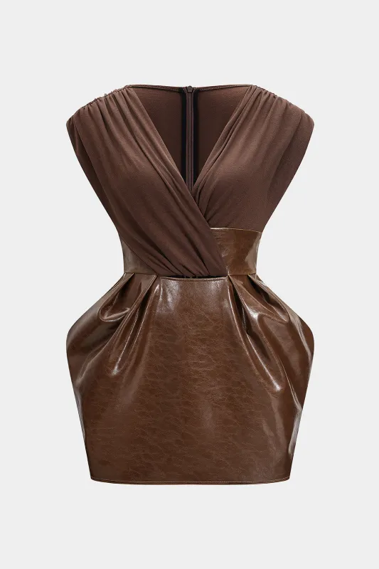 Plus Size Faux Leather Patchwork V-Neck Ruched Sleeveless Mini Dress sold by Micas