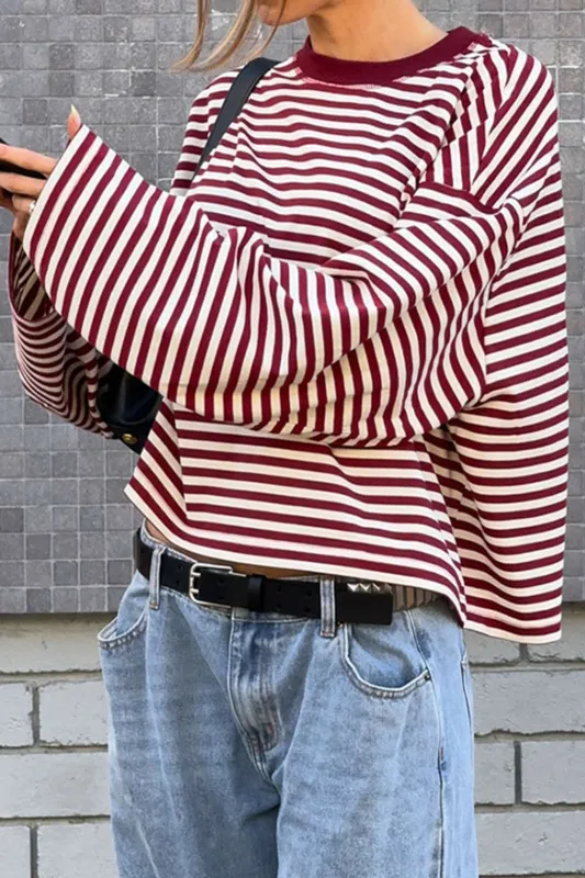 Stripes Contrast Print Round Neck Long-Sleeve Top sold by Micas