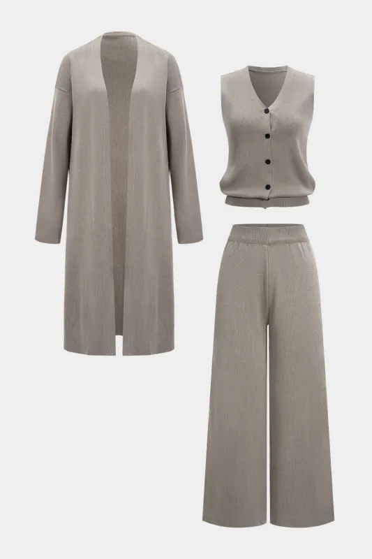 Knit Soid Button Vest And Long Cardigan And Wide Leg Trousers Set sold by Micas