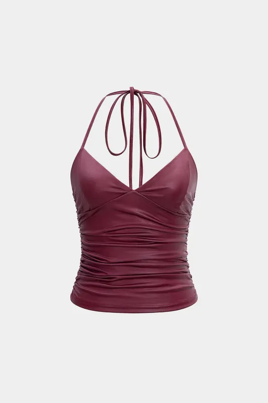 Faux Leather Halter Neck Ruched Slip Cami Top sold by Micas