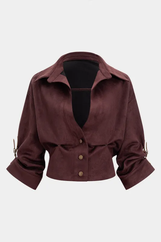 Suede Button Ruched V-Neck Long-Sleeve Shirt sold by Micas