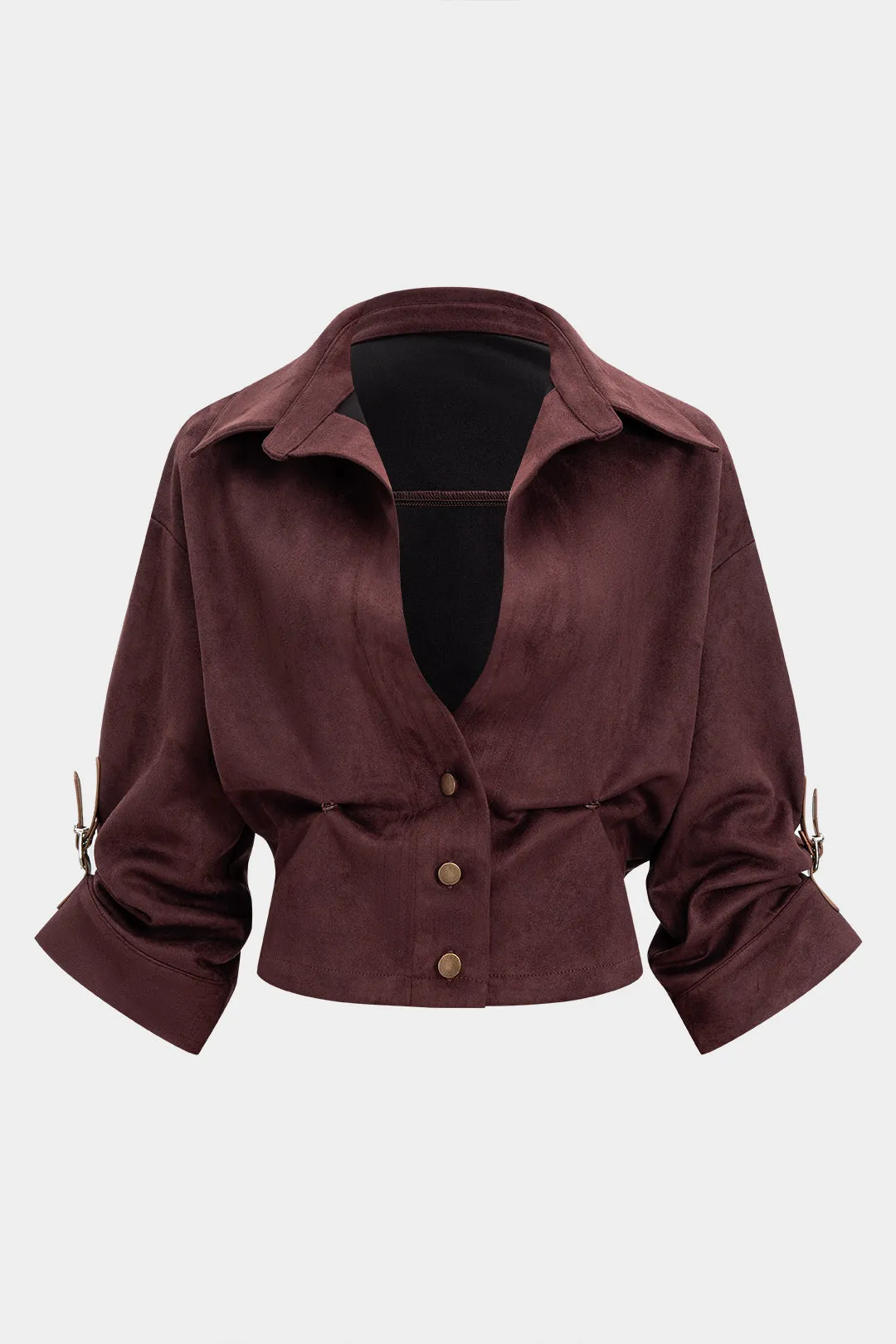 Suede Button Ruched V-Neck Long-Sleeve Shirt sold by Micas