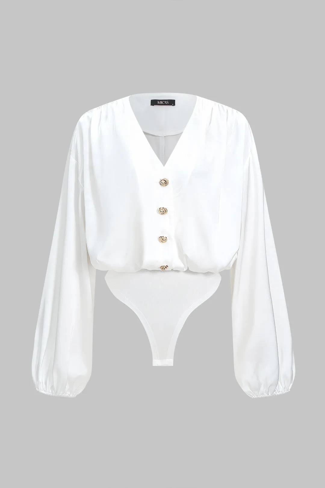 Button Detail Ruched Long Sleeve Bodysuit sold by Micas