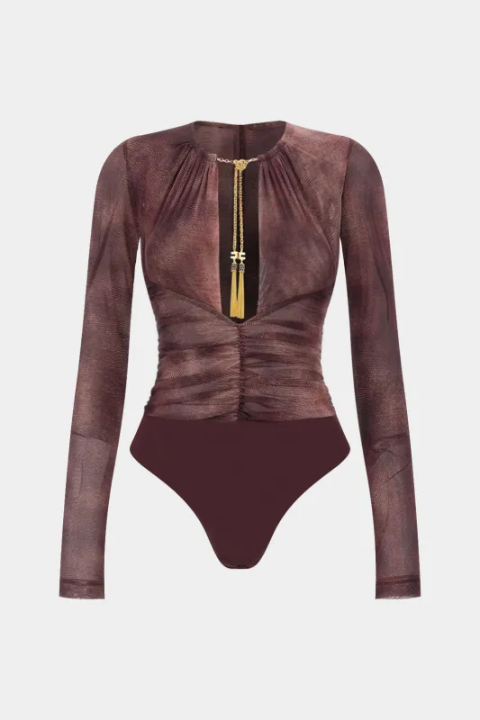 Snake Skin Print Mesh Ruched Fringe Long Sleeve Bodysuit sold by Micas