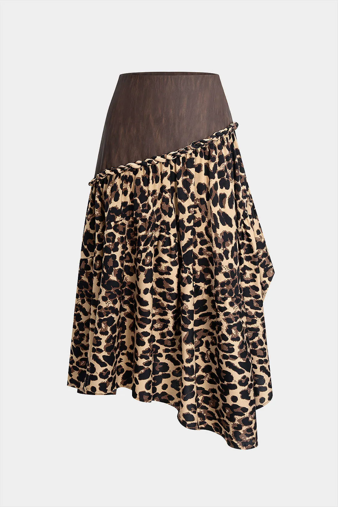 Leopard Print Faux Leather Twist Knot Patchwork Asymmetrical Skirt sold by Micas