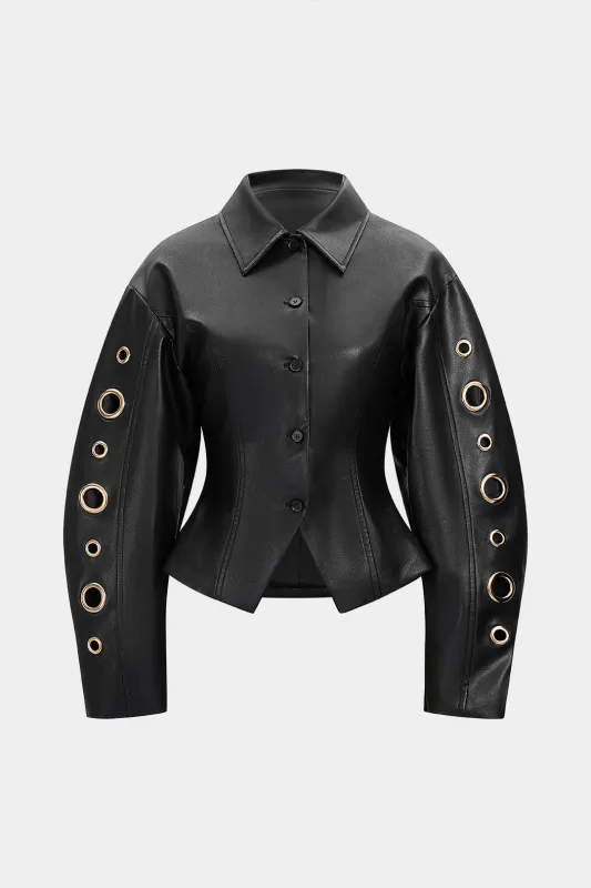 Faux Leather Button Metallic Hollow Out Ring Jacket sold by Micas