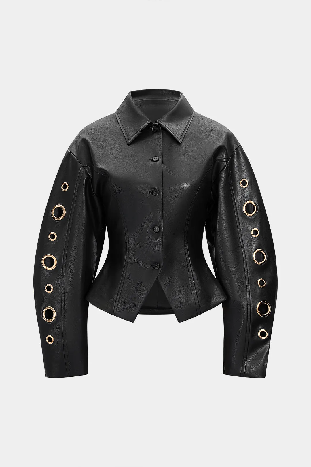 Faux Leather Button Metallic Hollow Out Ring Jacket sold by Micas