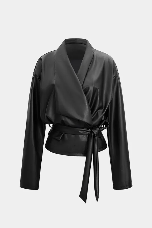 Faux Leather Tie Front Asymmetrical Jacket sold by Micas