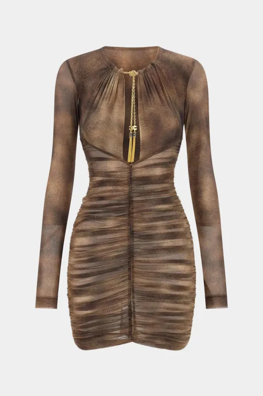 Snake Skin Print Mesh Ruched Fringe Long Sleeve Mini Dress sold by Micas