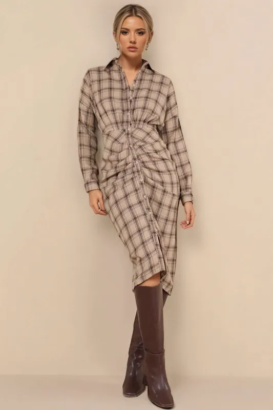 Plaid Print Button Ruched Long Sleeve Midi Dress sold by Micas