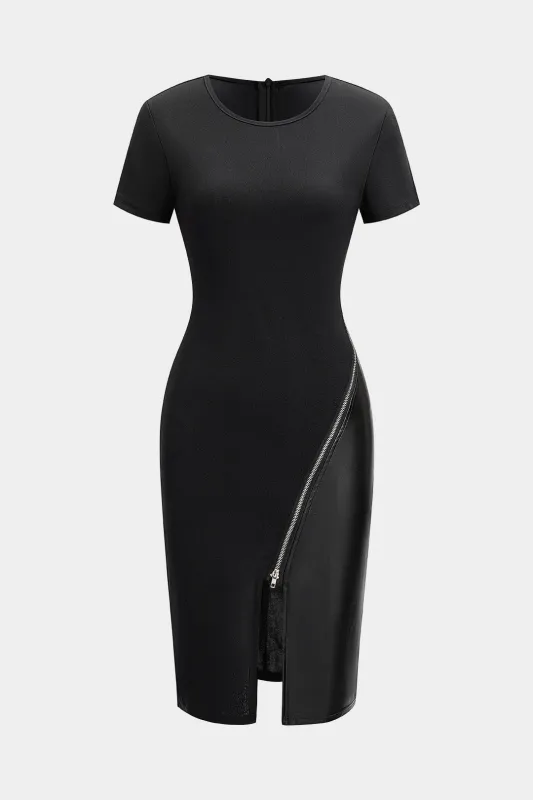 Faux Leather Patchwork Zipper Short Sleeve Midi Dress sold by Micas
