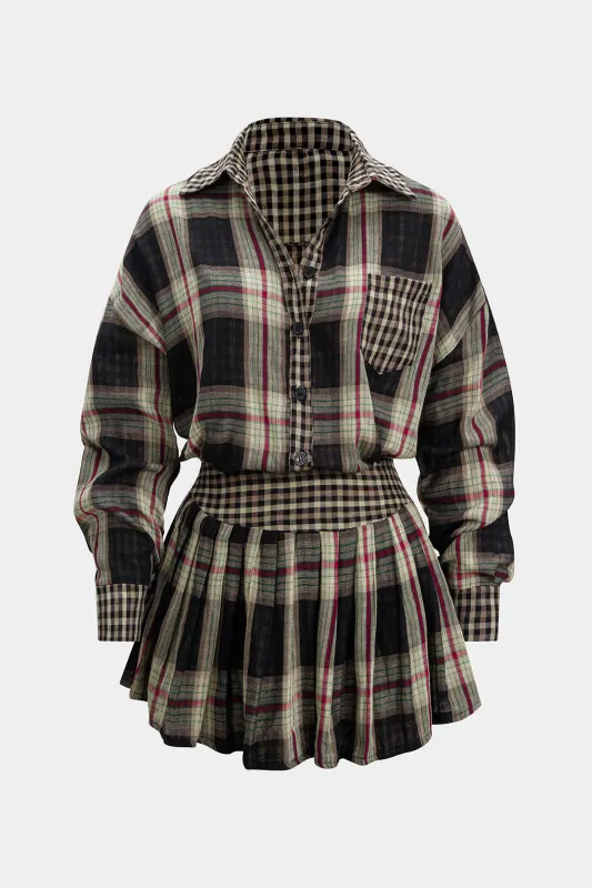 Plaid Print Button Long-Sleeve Shirt And Mini Skirt Set sold by Micas
