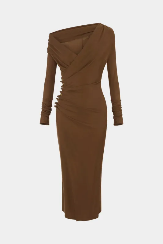 Suede Ruched Asymmetrical Long Sleeve Midi Dress made by Micas