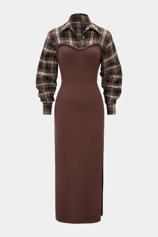 Plaid Print Knit Patchwork Button Long Sleeve Dress sold by Micas