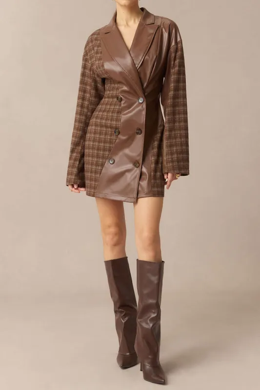 Plaid Print Faux Leather Button Patchwork Notched Lapel Blazer Mini Dress sold by Micas