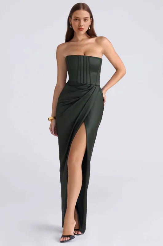 Satin Corset Ruched Slit Sleeveless Maxi Dress sold by Micas