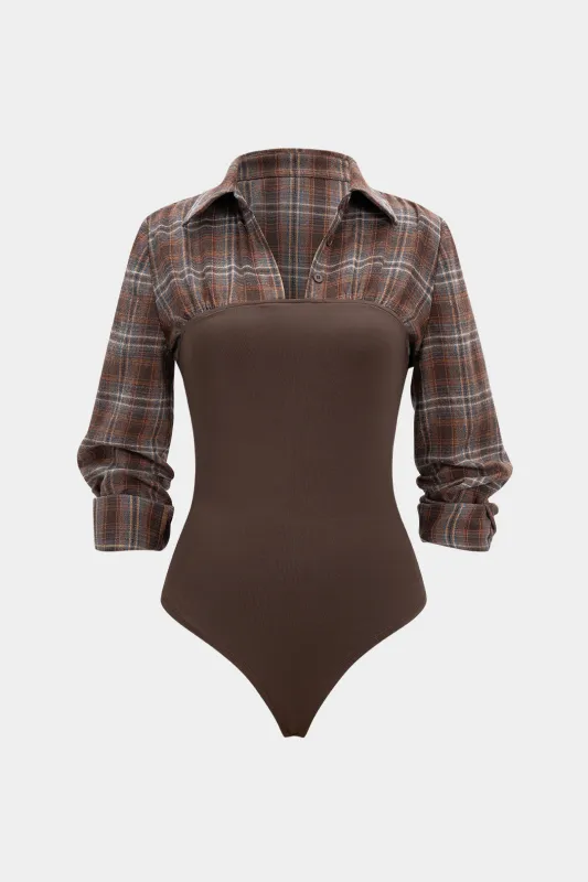 Plaid Print Patchwork Long Sleeve Bodysuit sold by Micas