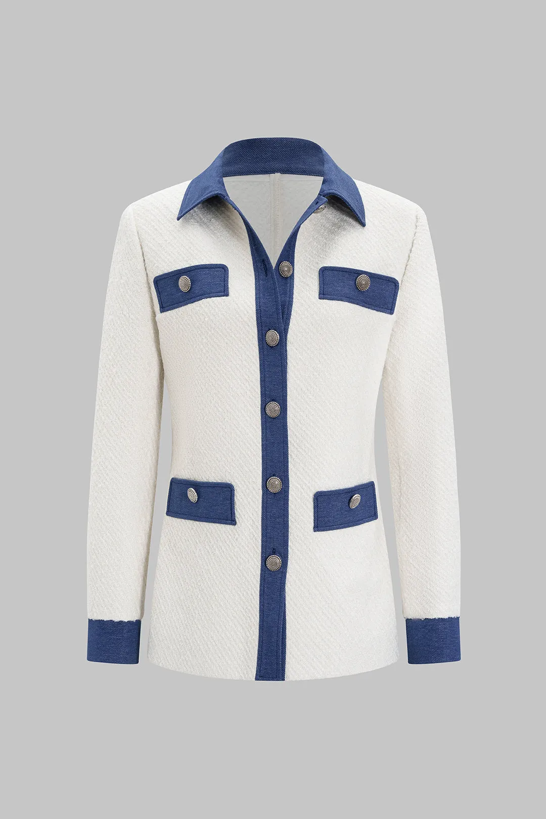 Denim Patchwork Button Blazer sold by Micas