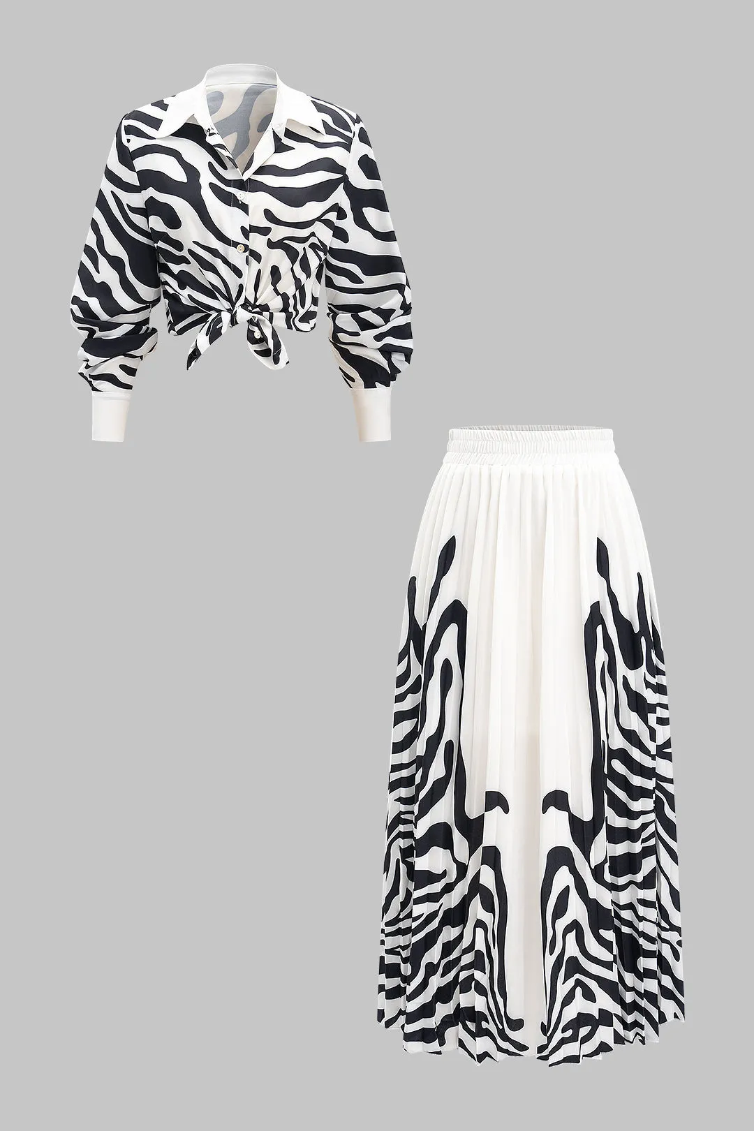 Zebra Print Long-Sleeve Shirt And Pleated Skirt Set sold by Micas