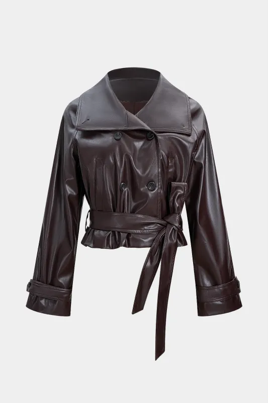 Faux Leather Tie-Up Notched Lapel Jacket sold by Micas