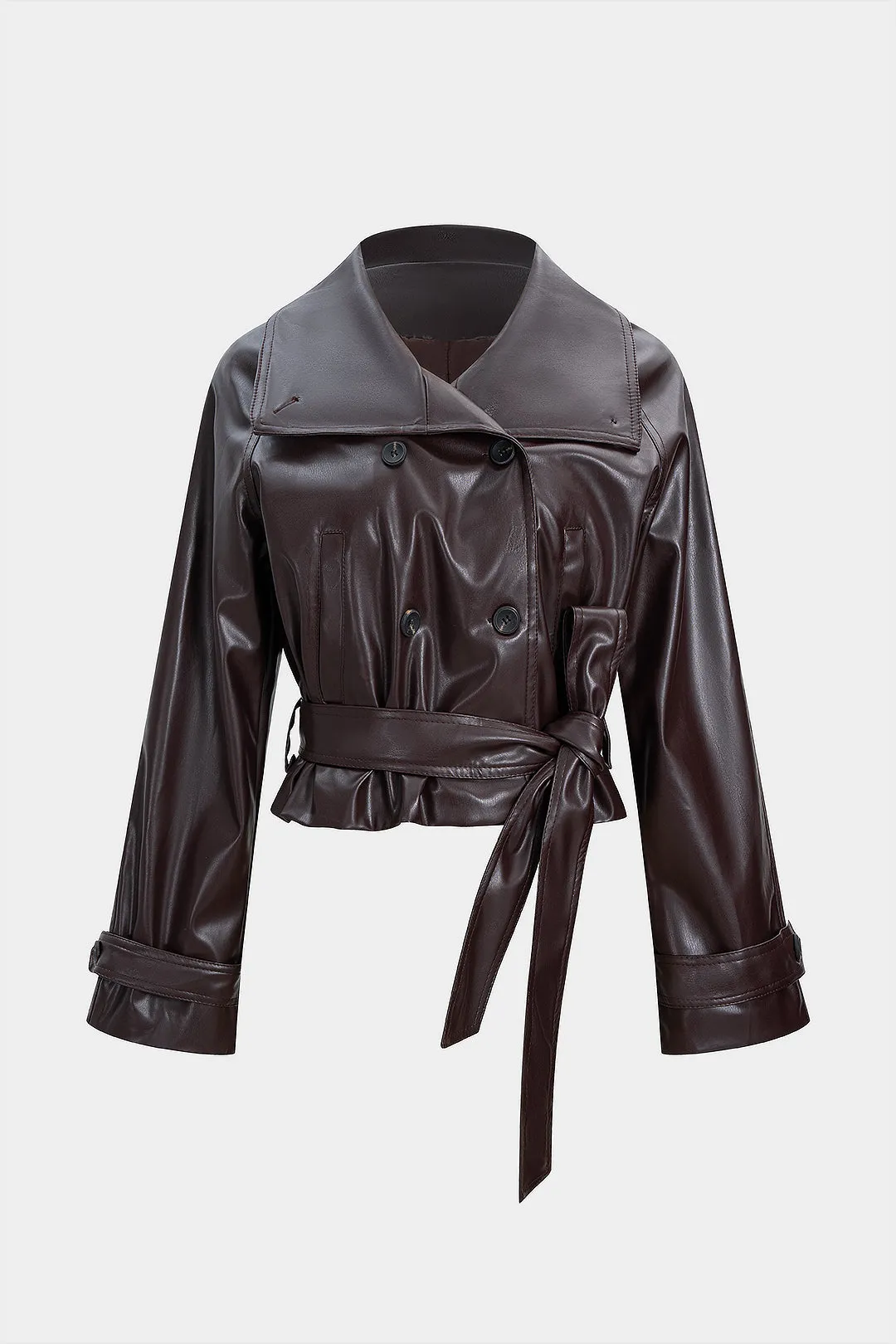 Faux Leather Tie-Up Notched Lapel Jacket sold by Micas