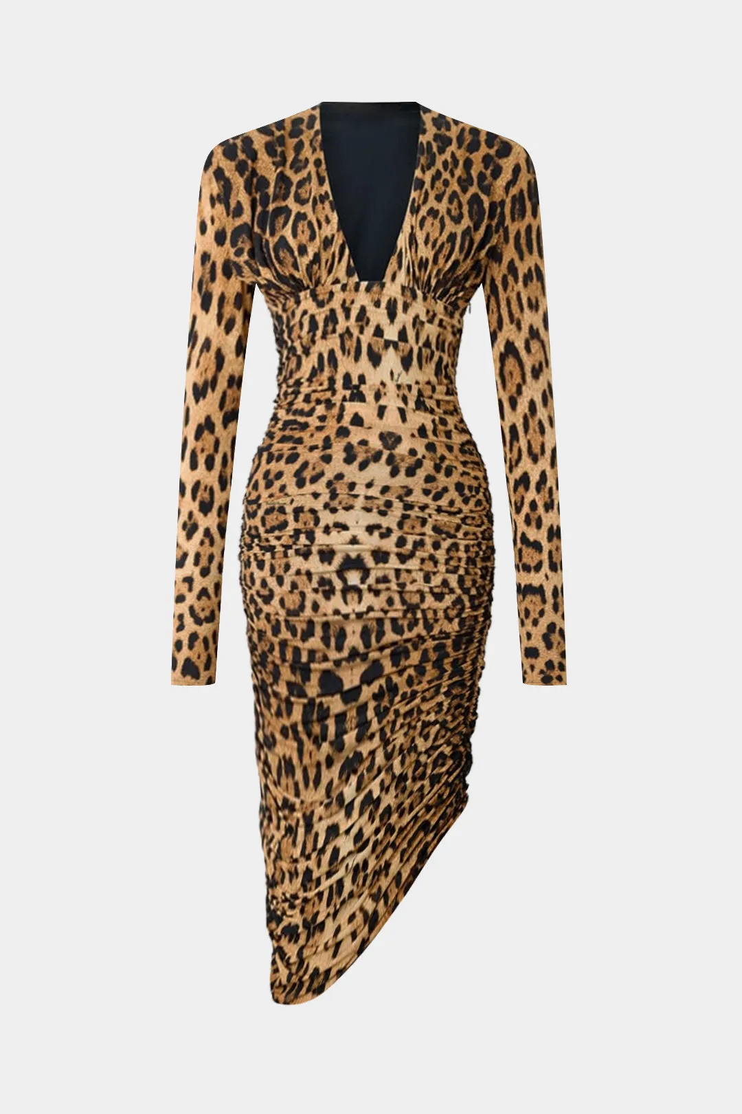 Leopard Print Ruched V-Neck Long Sleeve Midi Dress sold by Micas