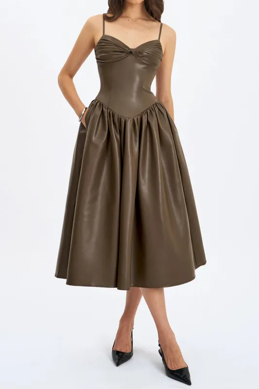 Faux Leather Twist Knot Ruched Zipper Slip Sleeveless Midi Dress sold by Micas