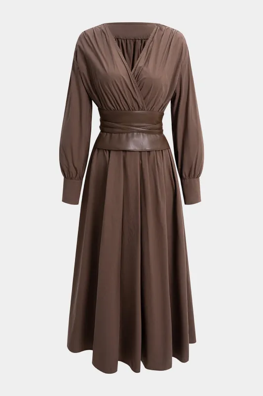 Faux Leather Patchwork Belted Ruched Long Sleeve Maxi Dress sold by Micas