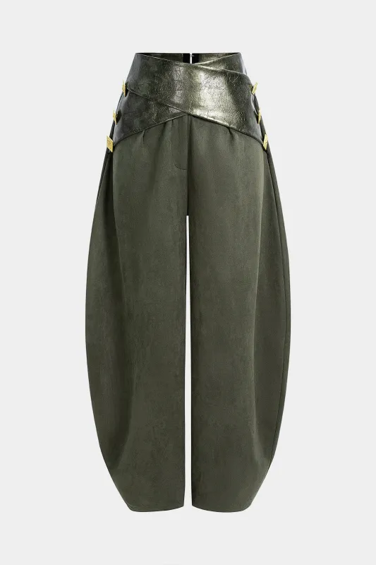 Faux Leather Patchwork Suede Metallic Decor High Waist Pants sold by Micas
