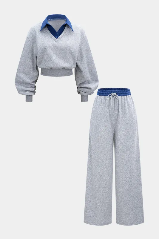 Contrast Patchwork Long-Sleeve Top And Shirred Waistband Drawstring Trousers Set sold by Micas