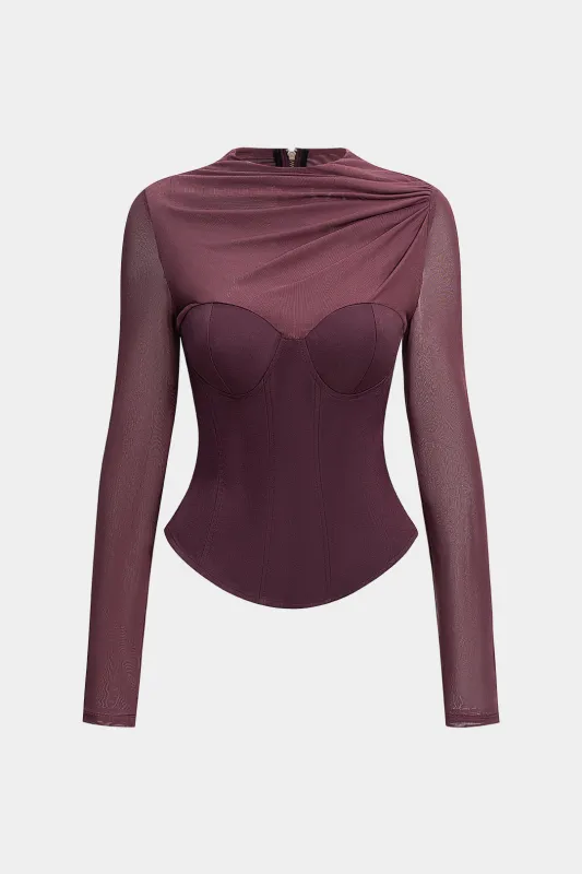 Mesh Patchwork Asymmetrical Ruched Long-Sleeve Top sold by Micas