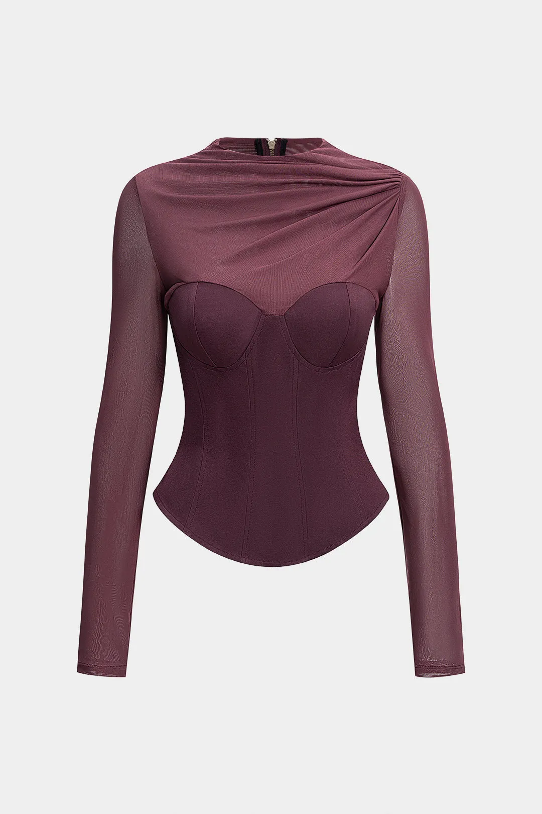 Mesh Patchwork Asymmetrical Ruched Long-Sleeve Top sold by Micas