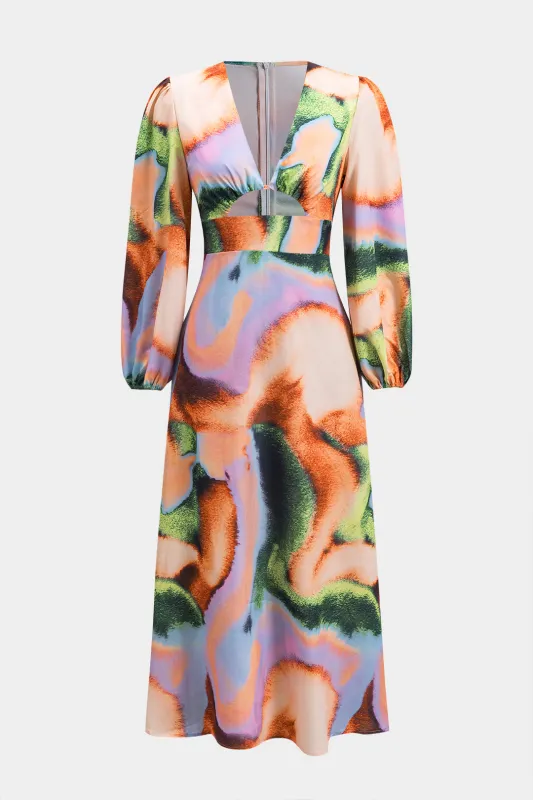 Watercolor Print Cut Out V-Neck Long Sleeve Midi Dress sold by Micas