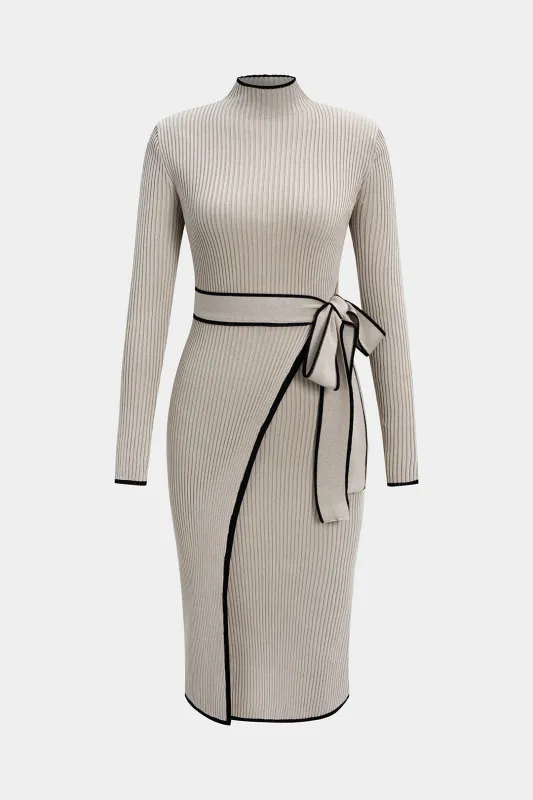 Knit Mock Neck Belted Long Sleeve Midi Dress sold by Micas