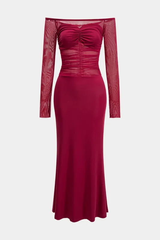 Mesh Patchwork Off Shoulder Ruched Long Sleeve Maxi Dress sold by Micas