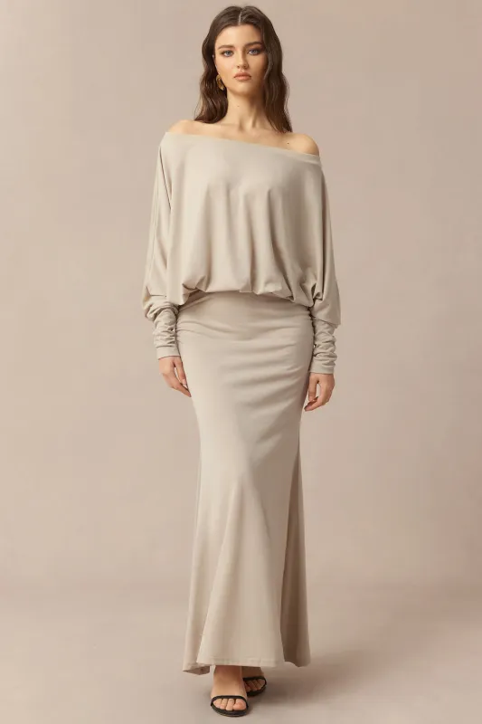 Off Shoulder Ruched Long Sleeve Maxi Dress sold by Micas