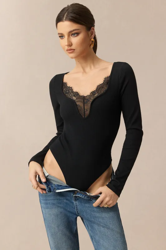 Lace Trim Patchwork Long Sleeve Bodysuit sold by Micas