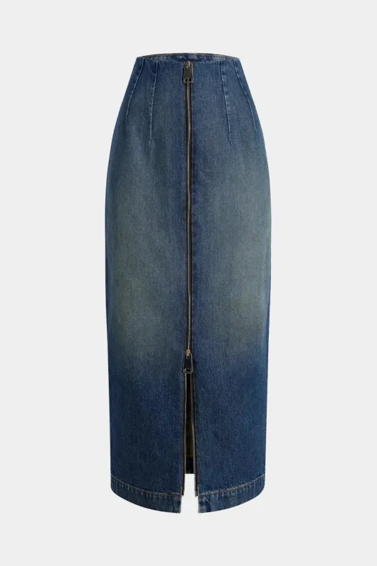 Denim High Waist Zipper Skirt sold by Micas