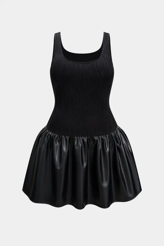 Plus Size Faux Leather Patchwork Square Neck Sleeveless Mini Dress sold by Micas