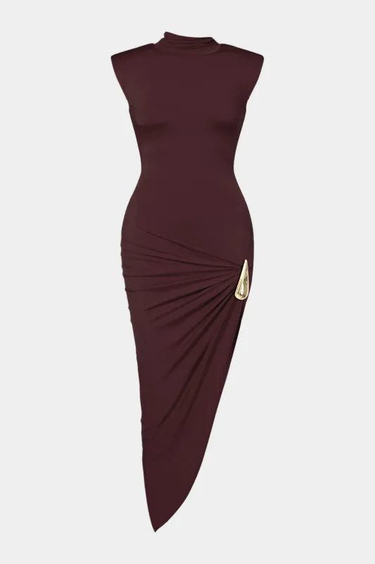 Metallic Asymmetrical Ruched Sleeveless Midi Dress sold by Micas