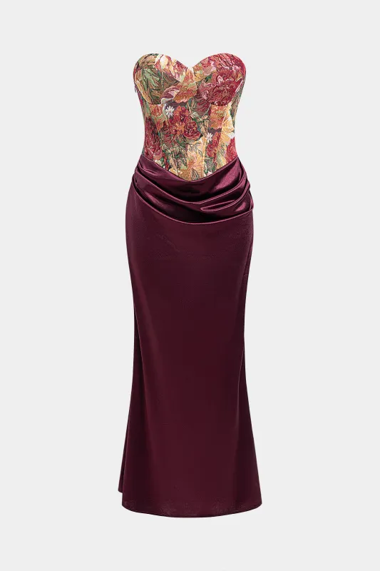 Floral Print Jacquard Satin Corset Ruched Strapless Sleeveless Maxi Dress sold by Micas