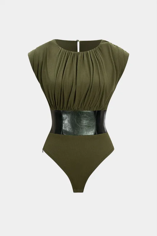 Faux Leather Patchwork Ruched Sleeveless Bodysuit sold by Micas