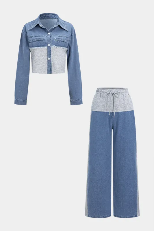 Denim Patchwork Long-Sleeve Top And Wide Leg Pants Set sold by Micas