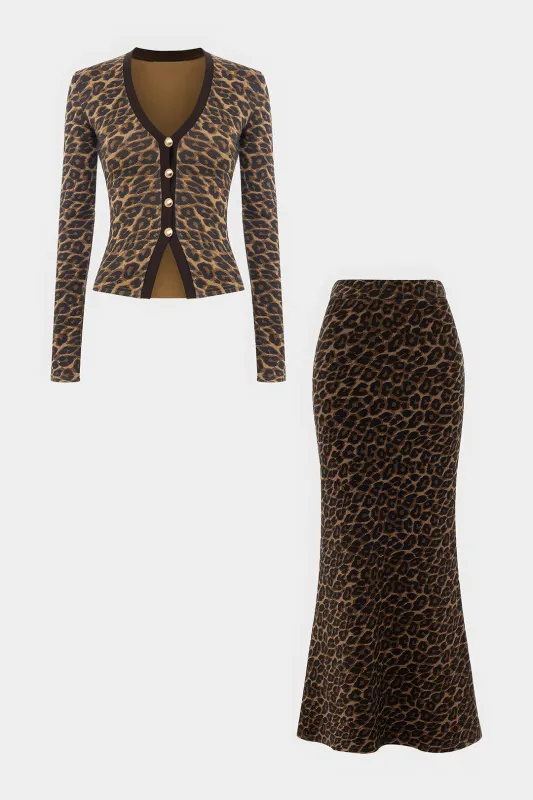 Leopard Print Long-Sleeve Top And Skirt Set sold by Micas
