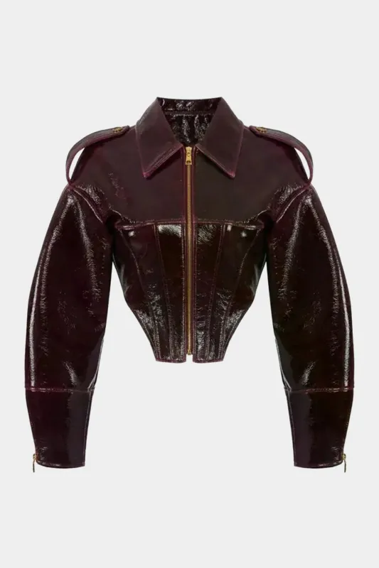Faux Leather Zipper Waist-Cinching Jacket sold by Micas